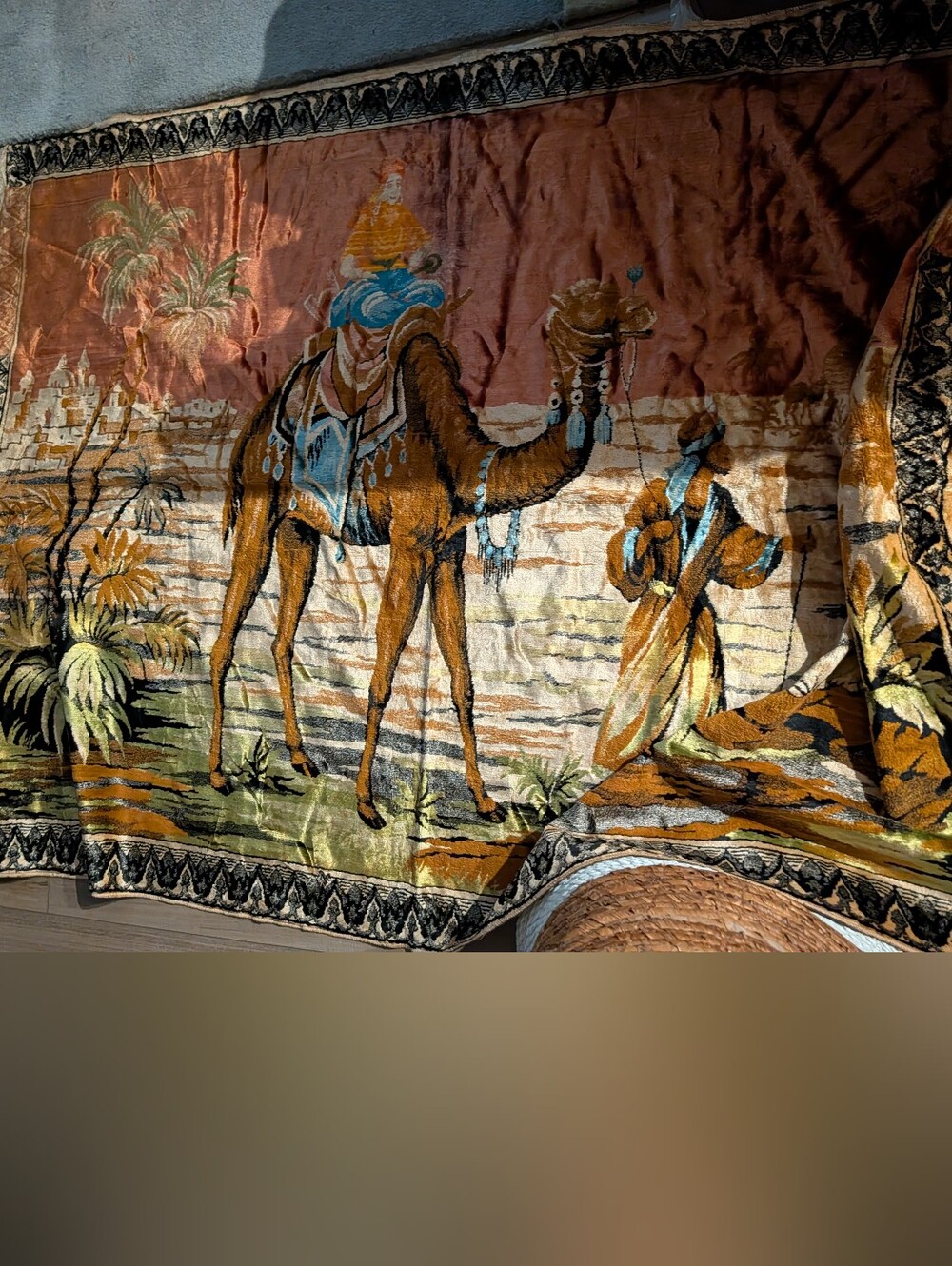 Vintage tapestry middle east wall hanging camel Egypt